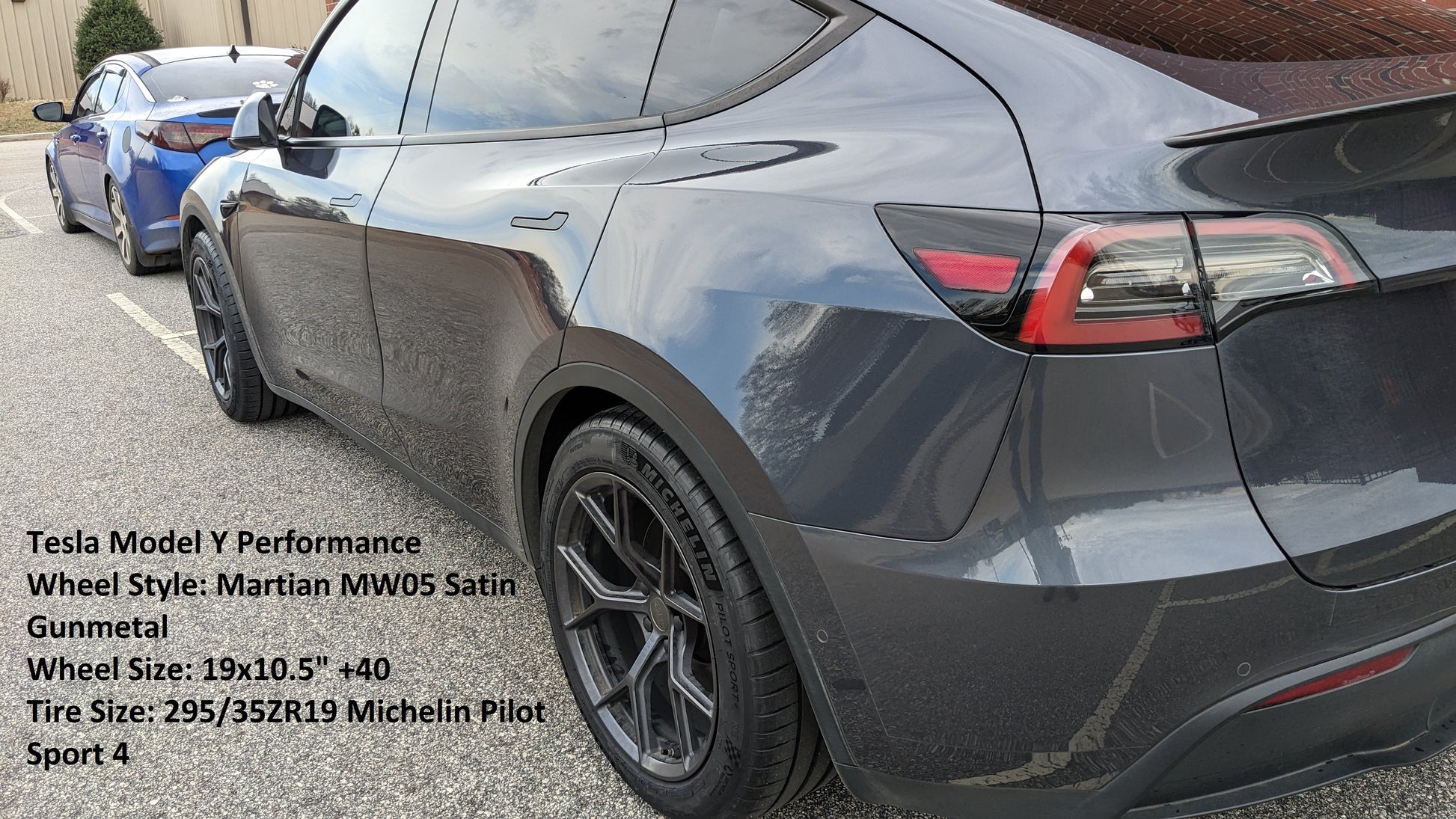 Tesla Model Y Performance Wheel Style: Martian MW05 Satin Gunmetal Wheel Size: 19x10.5"+40 Tire Size: 295/35ZR19 Michelin Sport All Season 4